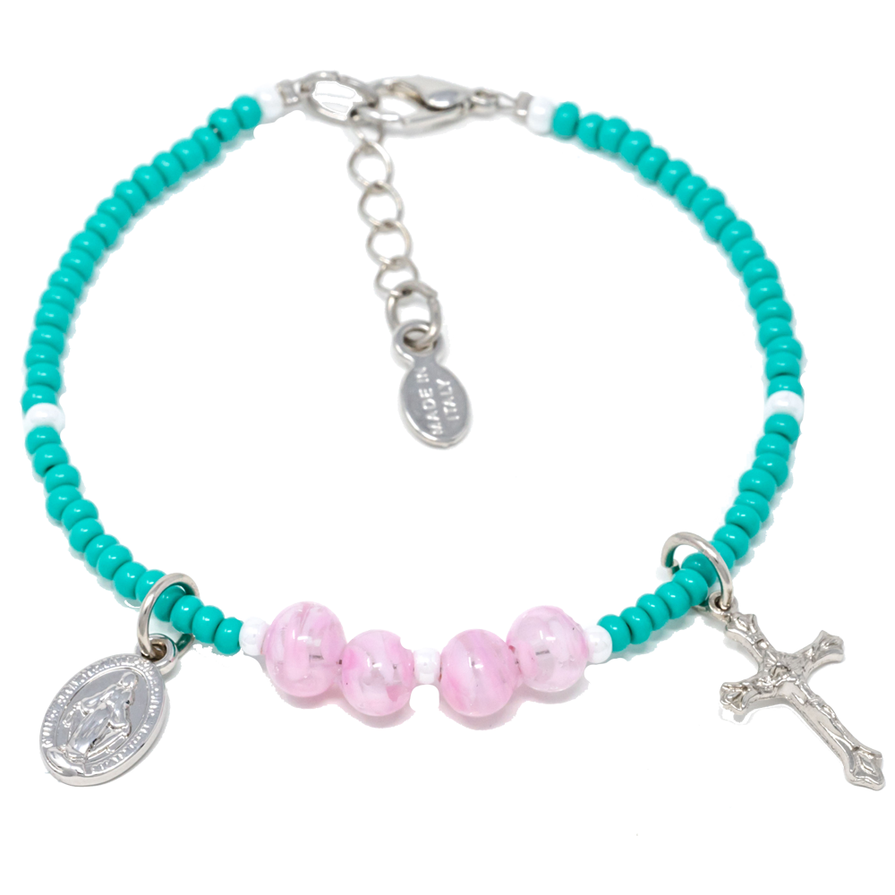Pink and Teal Genuine Murano "Seed Bead" Bracelet with Sommerso Beads, Miraculous Medal and Crucifix