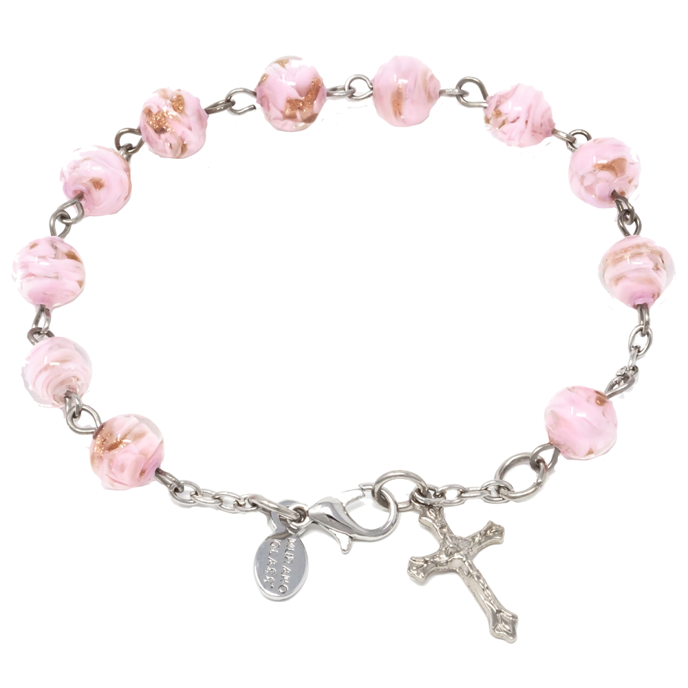 Pink Genuine Murano Silver-Tone Rosary Bracelet with Sommerso Beads