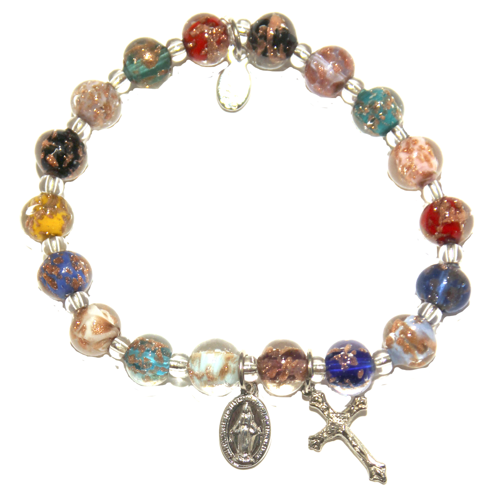 Multi Color Genuine Murano SIlver Tone Stretch Bracelet with Sommerso Beads, Miraculous Medal and Crucifix