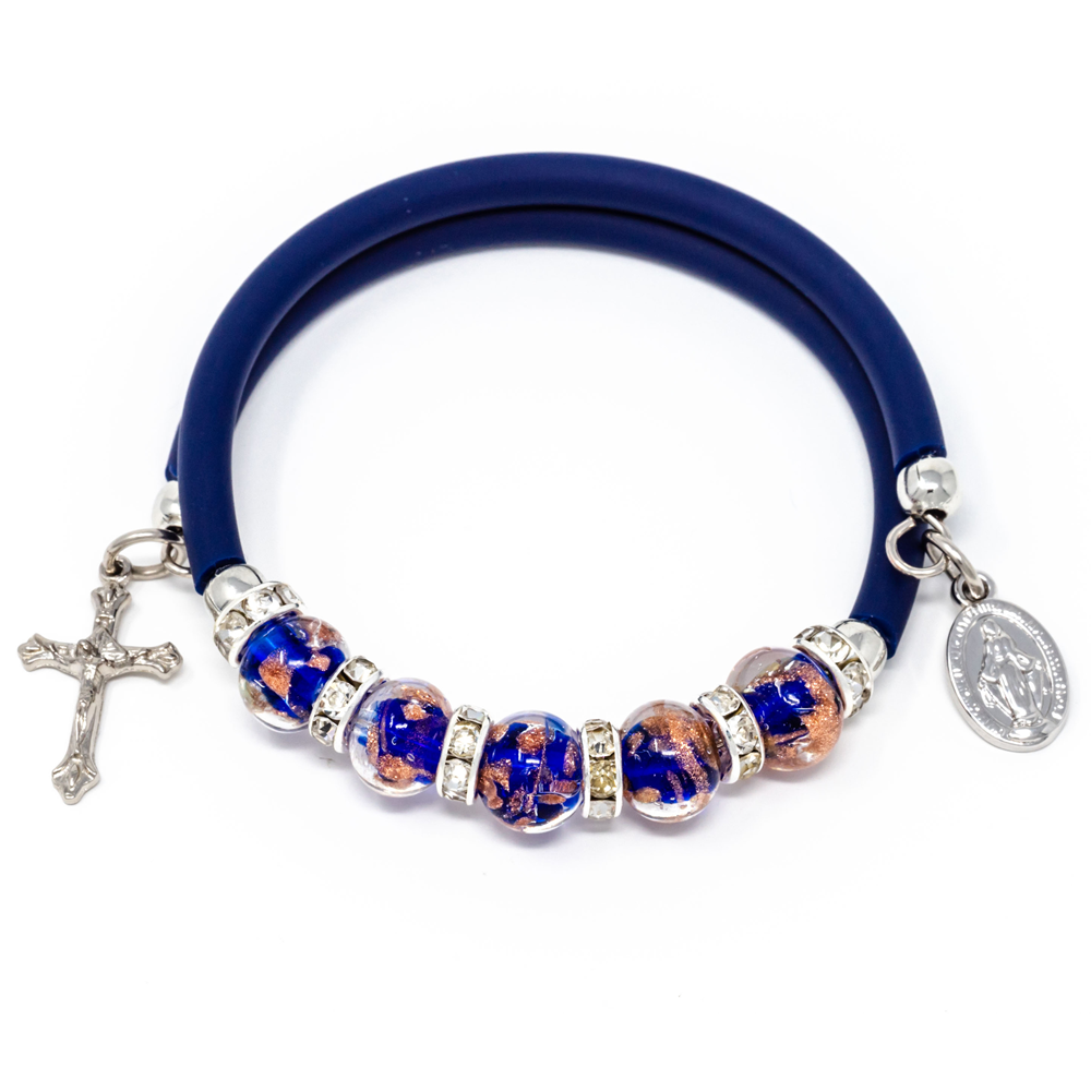 Cobalt Blue Memory Wire Rubber Bracelet with Sommerso Murano Beads, Miraculous Medal and Crucifix