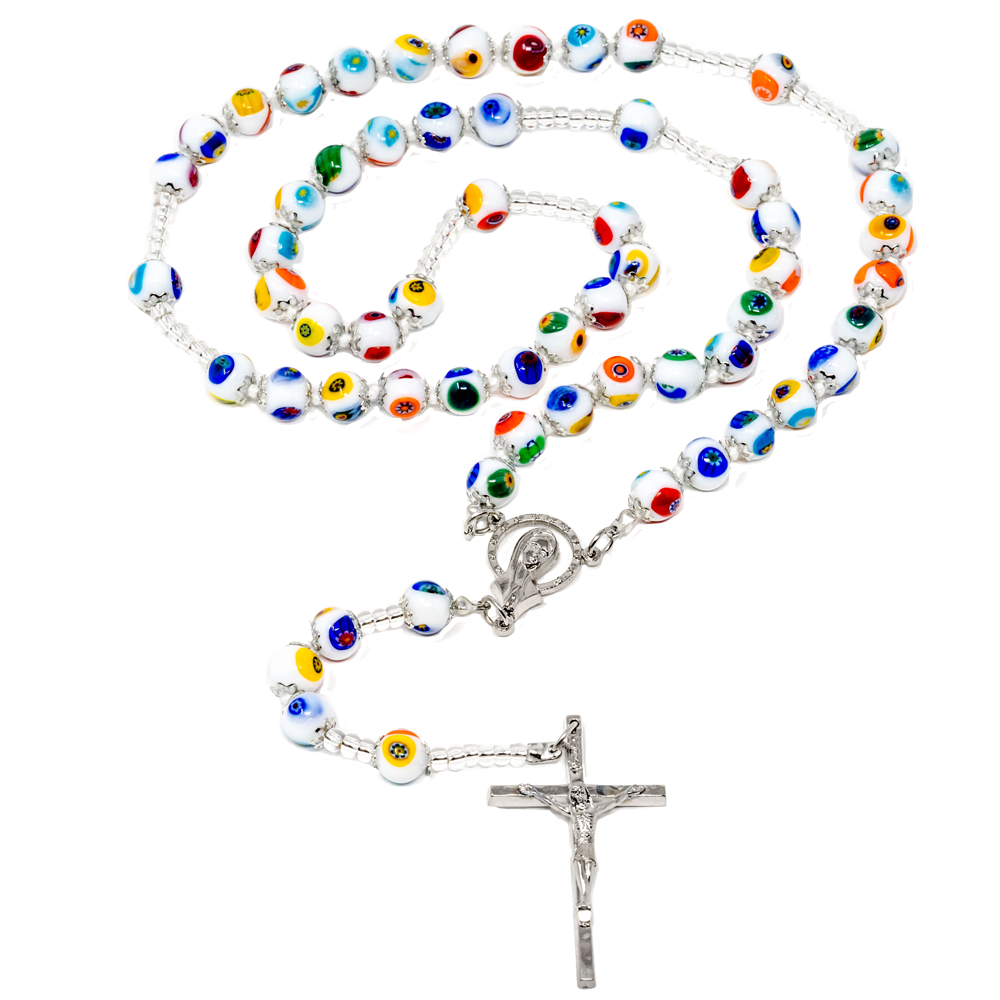 White Genuine Murano Rosary with handknotted Mosaic Beads