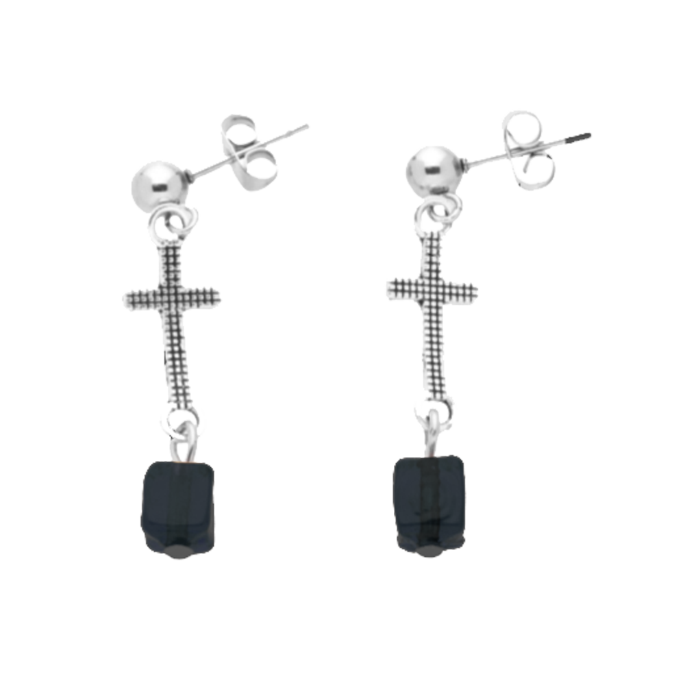Stainless Steel Lattice Cross Earrings with Black Murano Beads