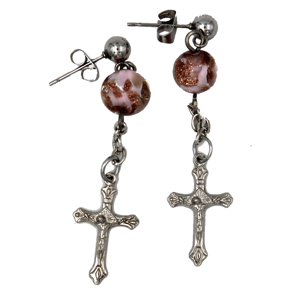 Stainless Steel Crucifix Earrings with Pink Murano Beads