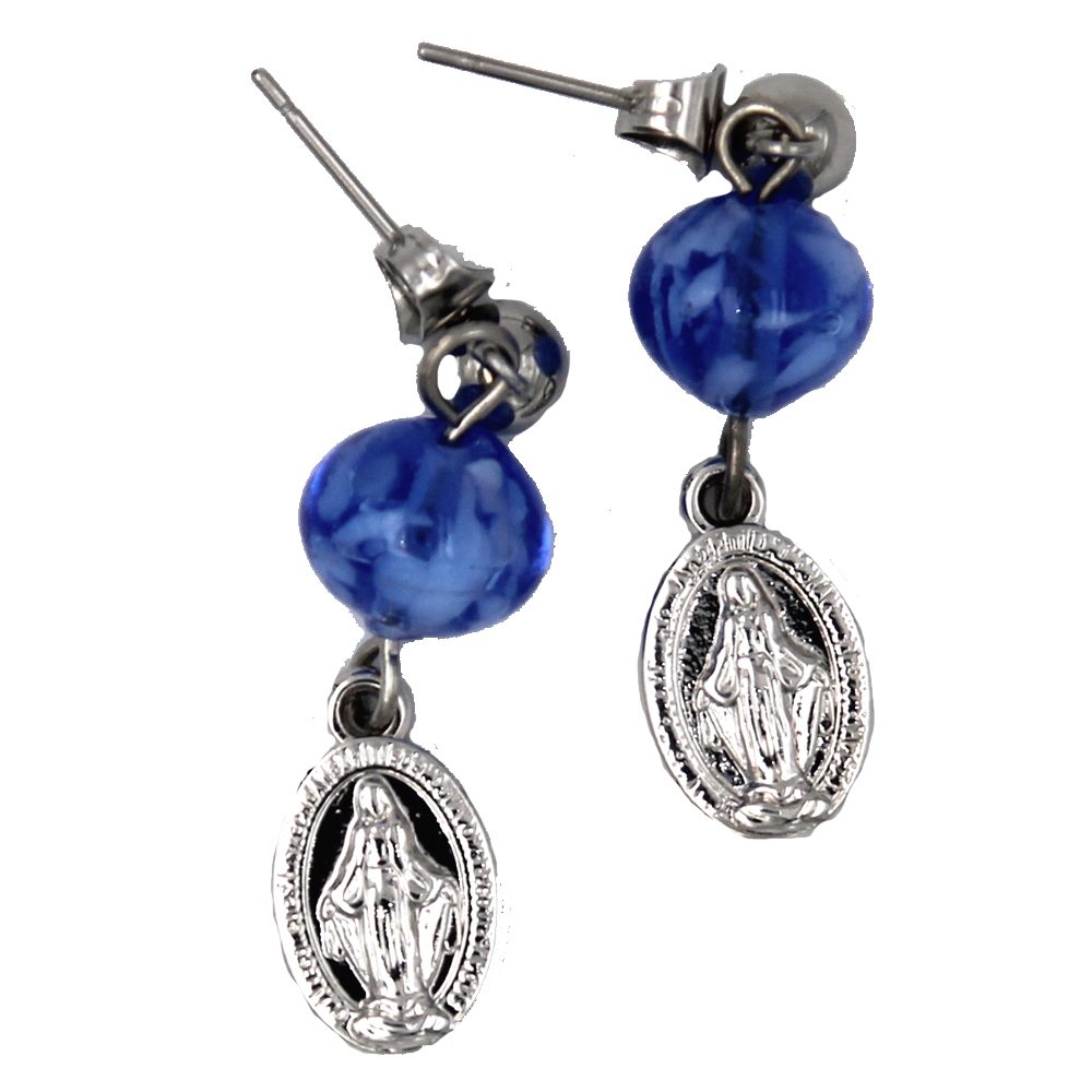Stainless Steel Miraculous Medal Earrings with Blue Murano Beads