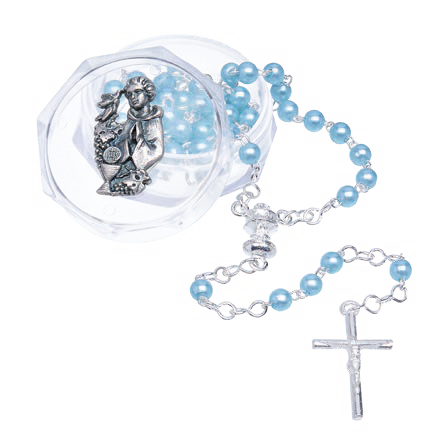 4mm Blue Communion Rosary for Boys with Silver-tone Medal on Acrylic box