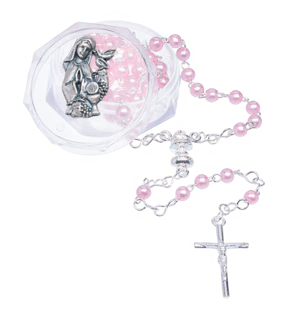4mm Pink Communion Rosary for Girls with Silver-tone Medal on Acrylic box