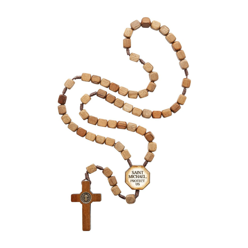 St. Michael Light Wood Rosary with square beads