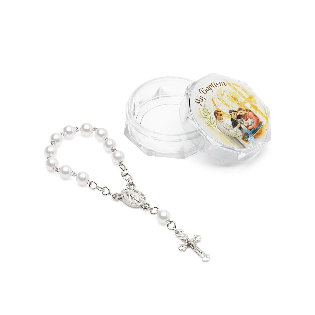 White Baptism One-decade Rosary in acrylic box