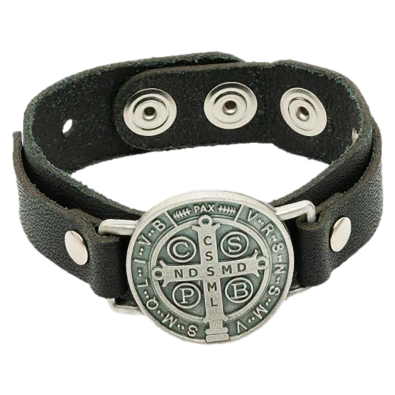 Men's Black with Silver Medal St. Benedict Leather Bracelet