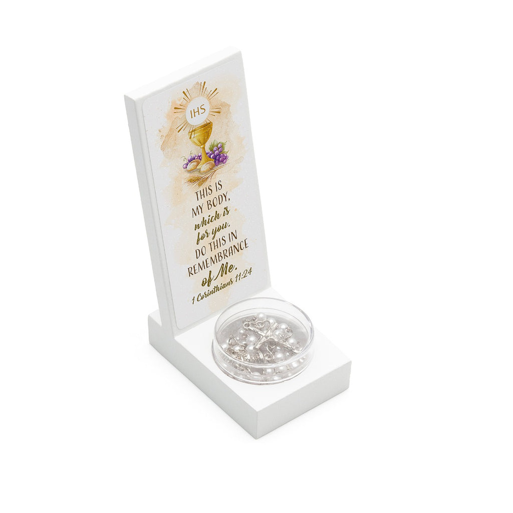 First Communion White Wood Keepsake with White Rosary
