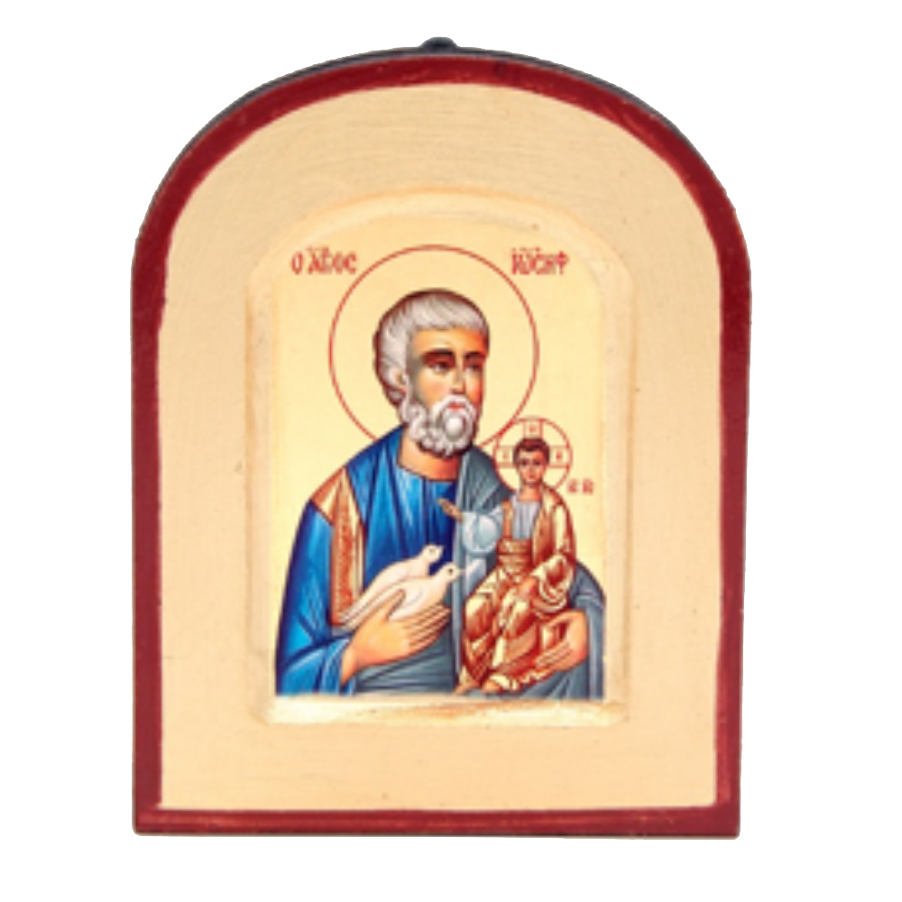 Hand Painted St Joseph Icon - SPECIAL ORDER - Brown Arched Frame containing Gold Leaf