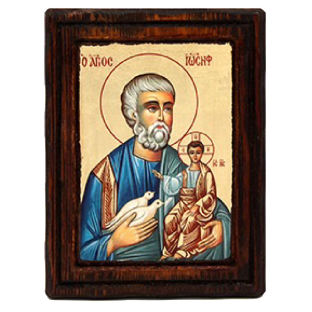 Hand Painted St Joseph Icon - SPECIAL ORDER - Dark Brown Frame containing Gold Leaf