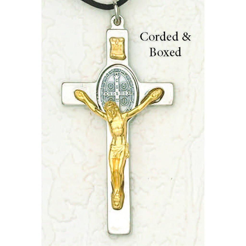 Saint Benedict Silver/Gold Tone Crucifix - Silver Tone Oval Medal