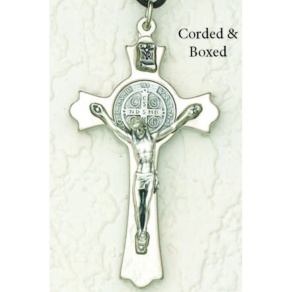 Saint Benedict Silver Tone Crucifix - Silver Tone Medal Corded with Box