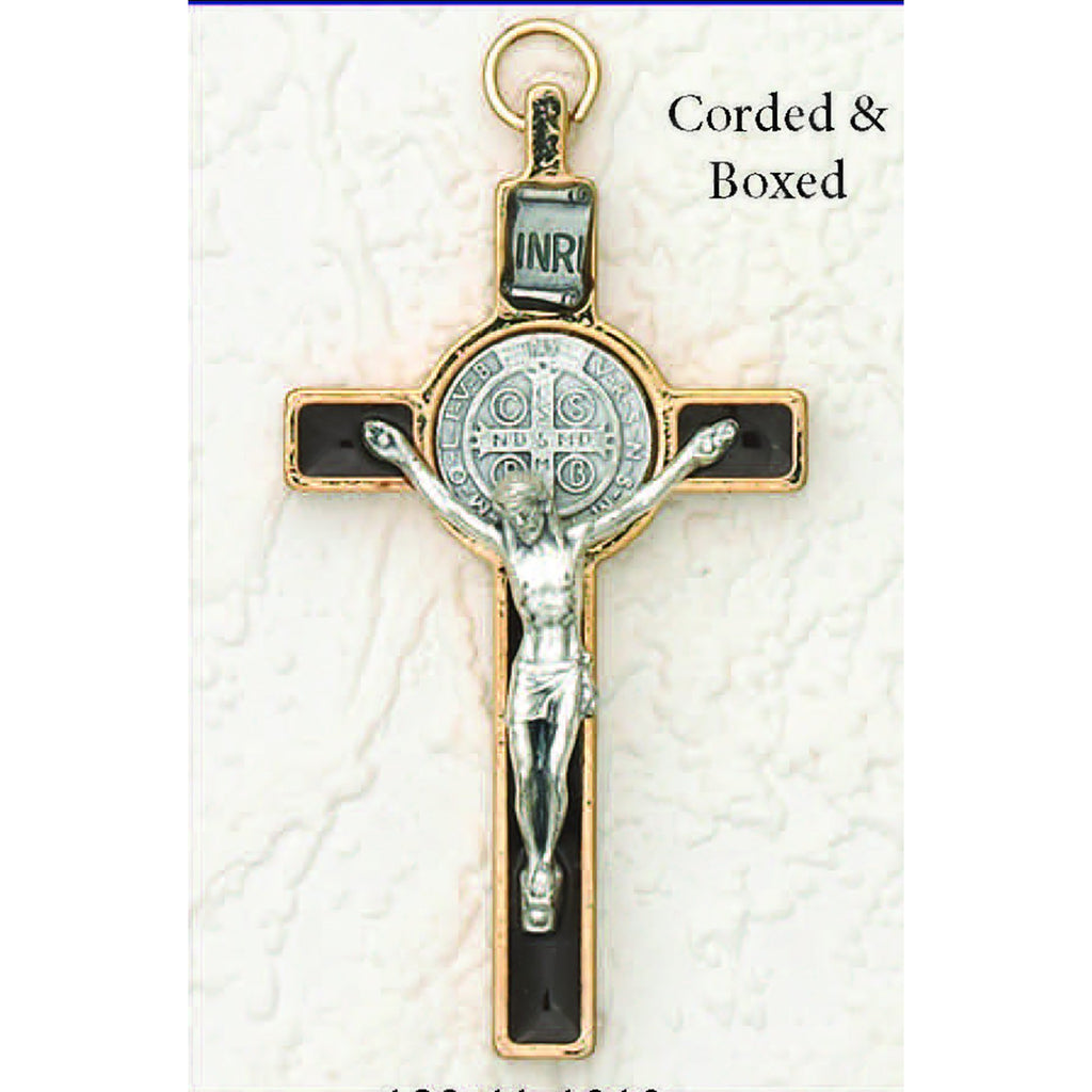 Saint Benedict Silver/Gold Tone With Black Enamel Crucifix - Silver Tone Medal