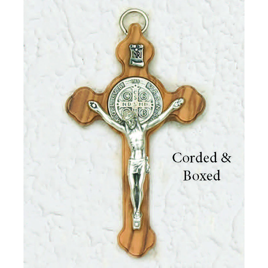Saint Benedict Wood Clover Cross - Silver Tone Medal Corded and boxed