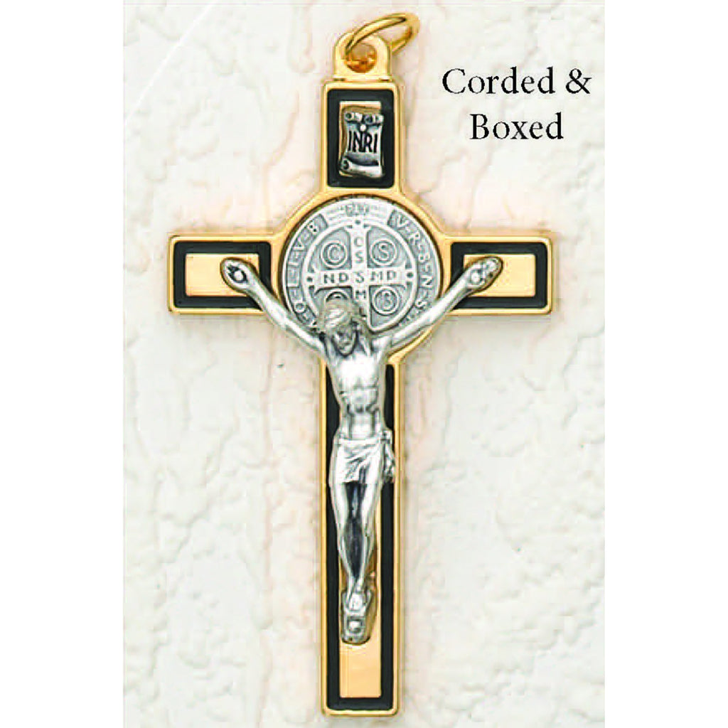 Saint Benedict Gold/Black Tone Crucifix - Silver Tone Medal
