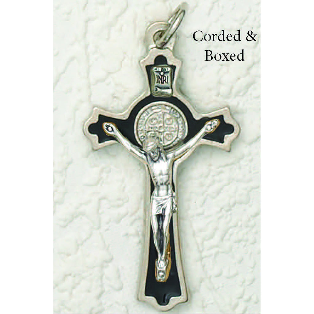 Saint Benedict Black Tone Crucifix - Silver Tone Medal Corded and Boxed