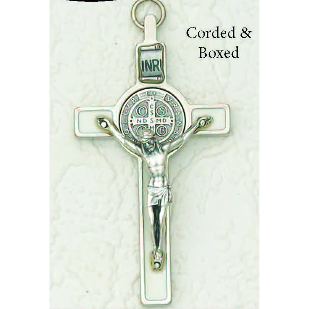 Saint Benedict Whie Enamel Crucifix - Silver Tone Medal