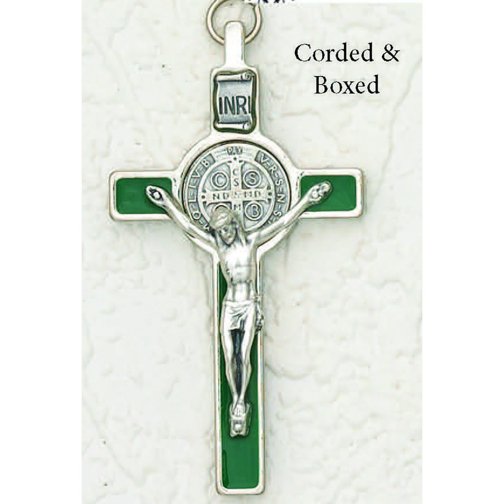 Saint Benedict Green Enamel Crucifix - Silver Tone Medal