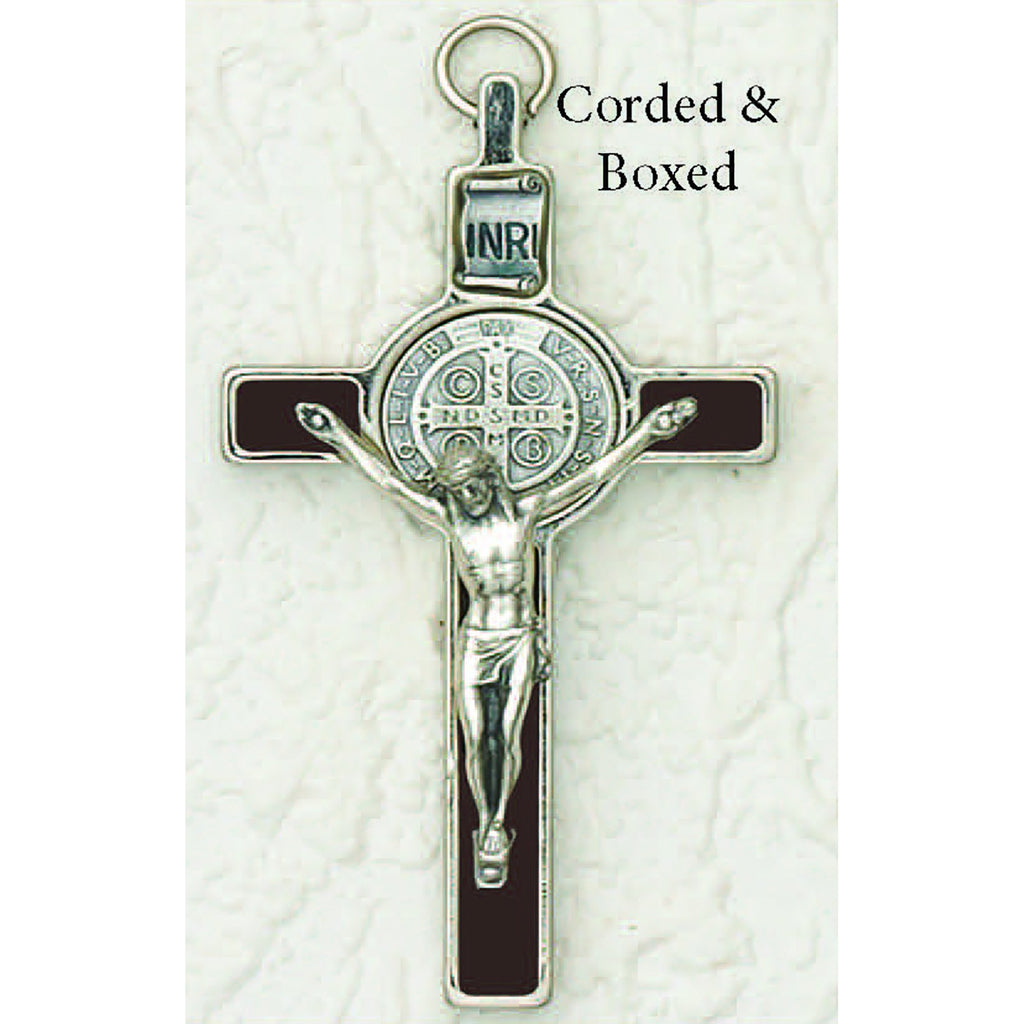 Saint Benedict Brown Enamel 3 inch Crucifix with Silver Tone Medal