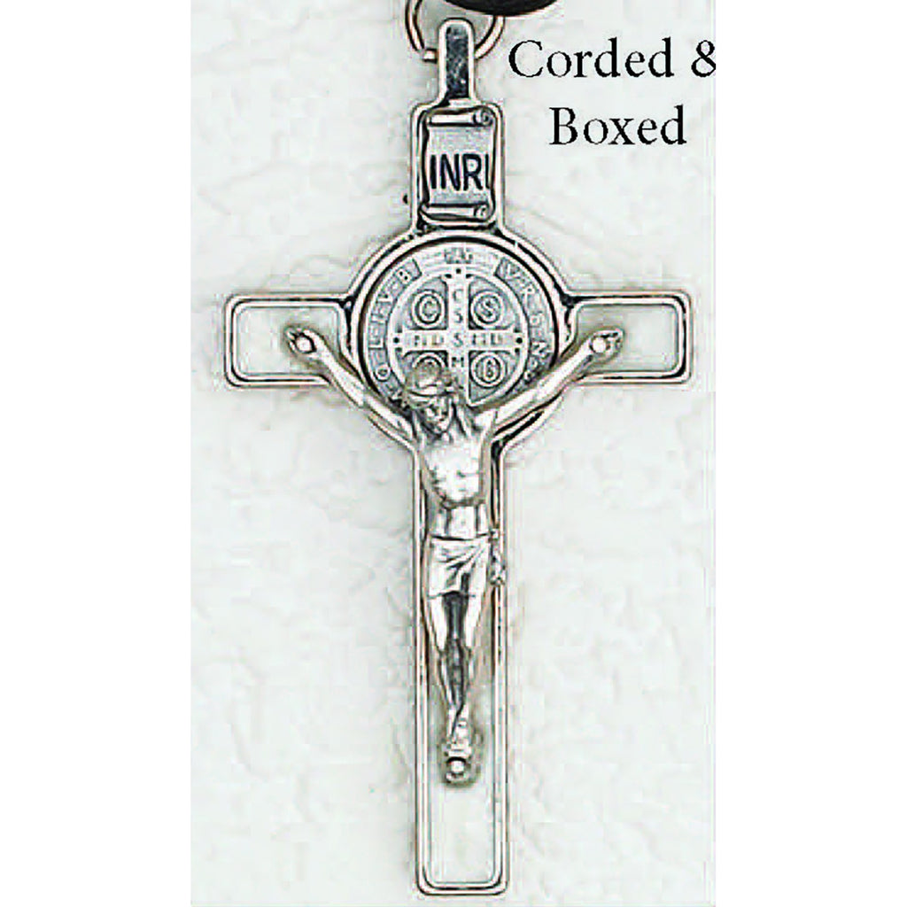 Saint Benedict White Pearl Enamel Crucifix - Silver Tone Medal