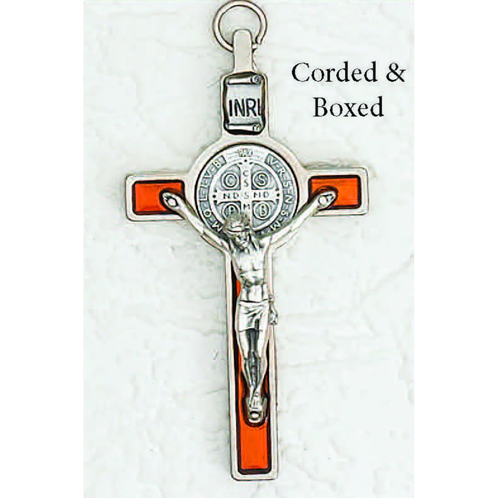 Saint Benedict Orange Pearl Enamel Crucifix - Enameled Medal