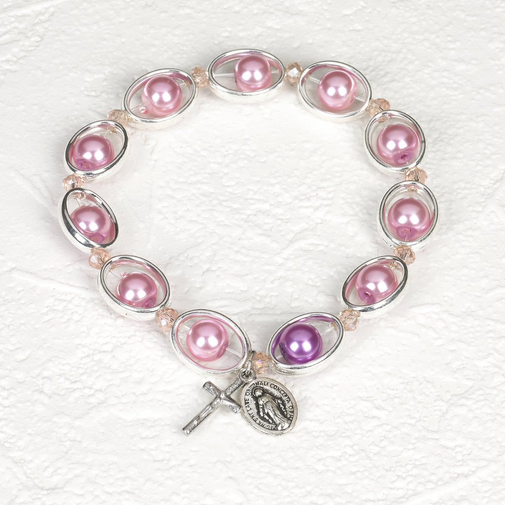 Pink Imitation Pearl in Silver tone Oval Rosary Stretch Bracelet - Pack of 4