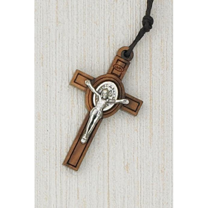 Saint Benedict Carved Wood Crucifix - Silver Tone Medal