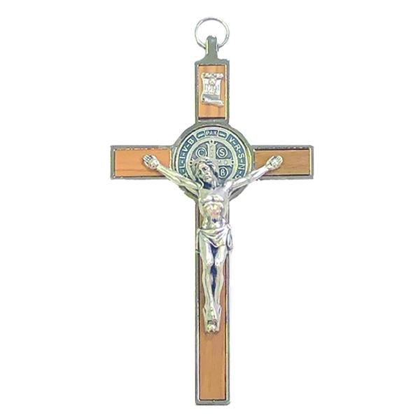 Saint Benedict Light Wood Wall Cross with Enamel token and Crucifix