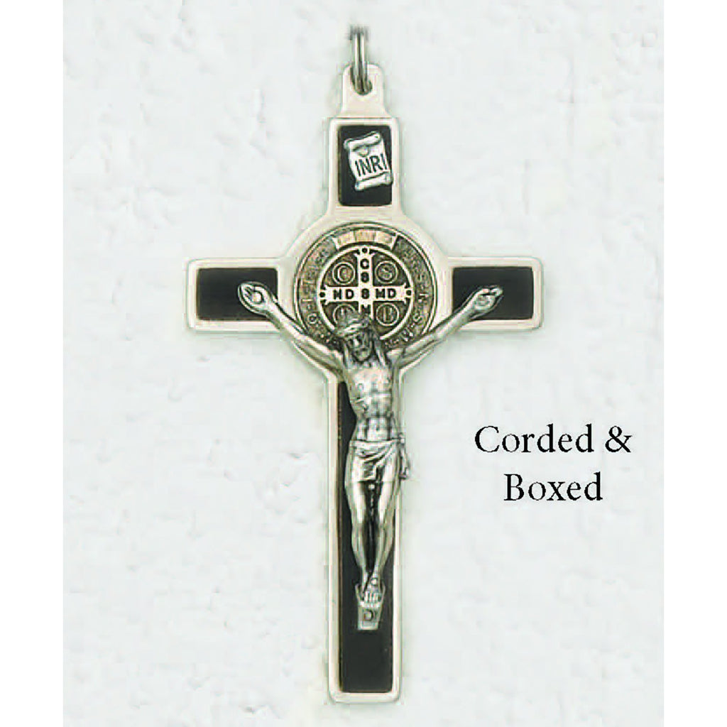 Saint Benedict Silver Tone Wood Inlay Cross - Silver Tone Medal