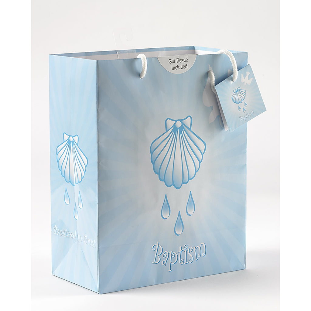 Large 9-3/4 Inch Blue Baptism Gift Bag With Tissue Paper