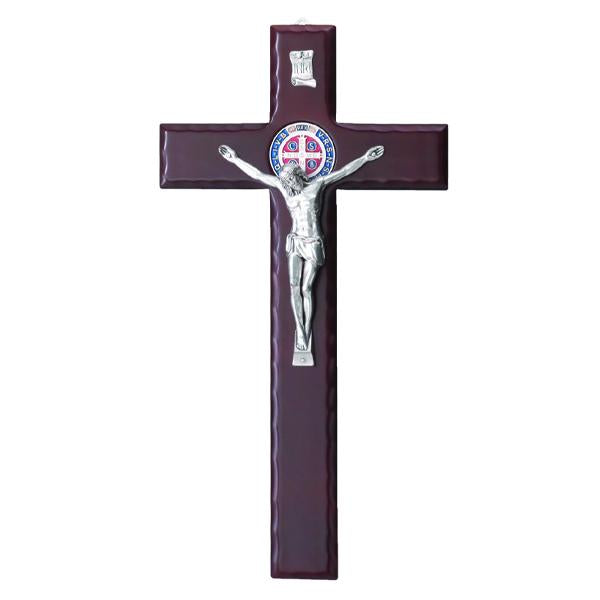Saint Benedict Cherry Wood Wall Cross with Enamel and Silver-tone Crucifix