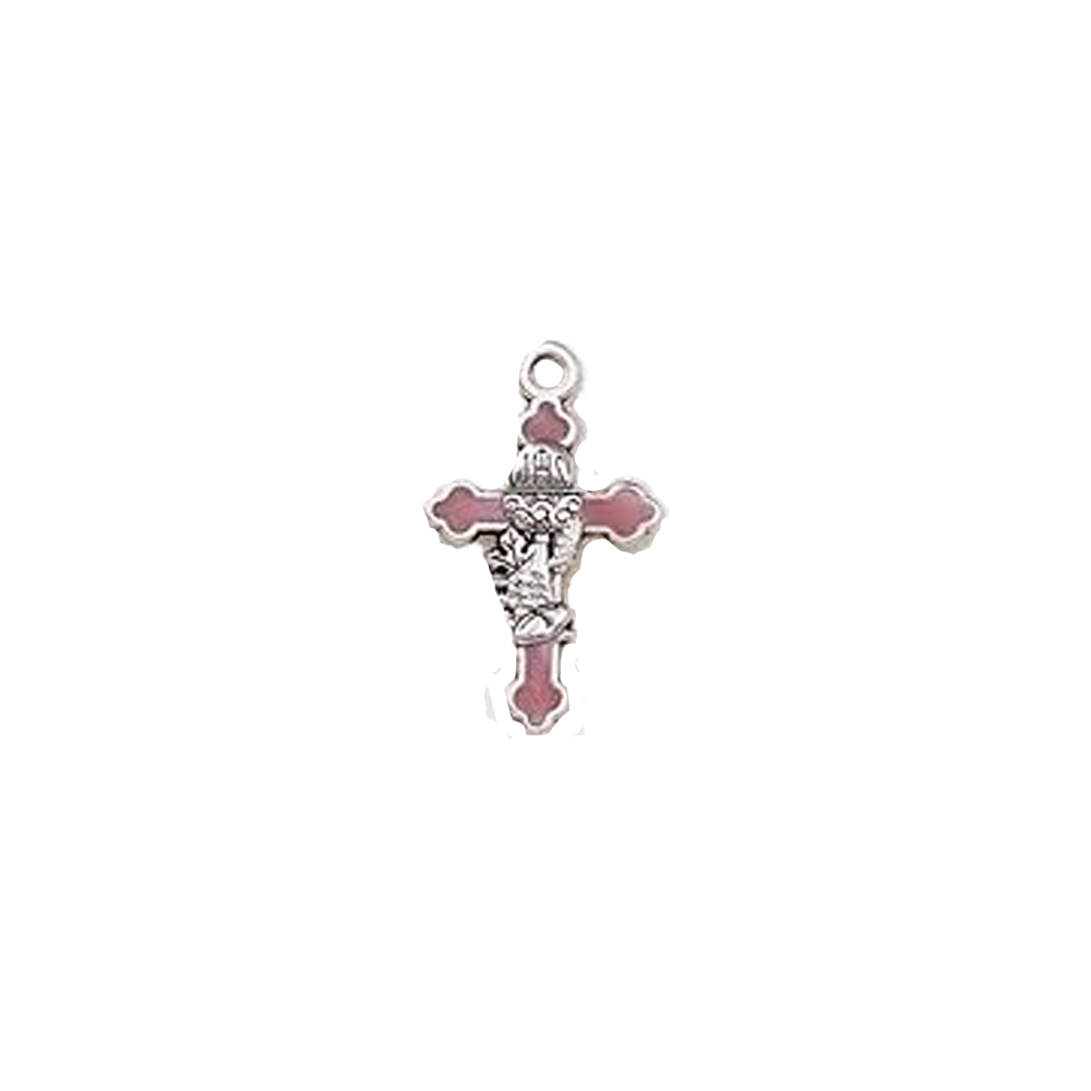 .75" Silver Tone Pink Enamel First Holy Communion Cross