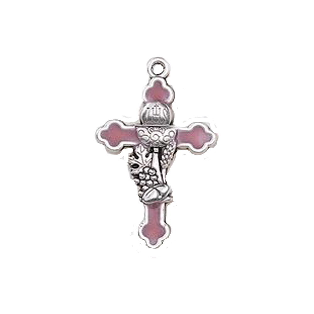 1.14" Silver Tone and Pink Enamel First Holy Communion Cross
