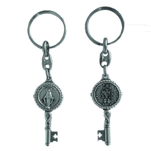 Silver-tone Key Shaped Key Ring - Miraculous Medal