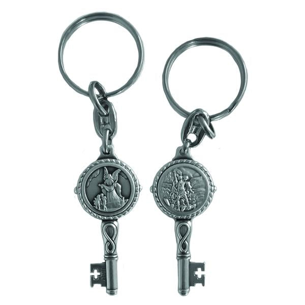 Silver-tone Key Shaped Key Ring - Saint Michael/Guardian Angel