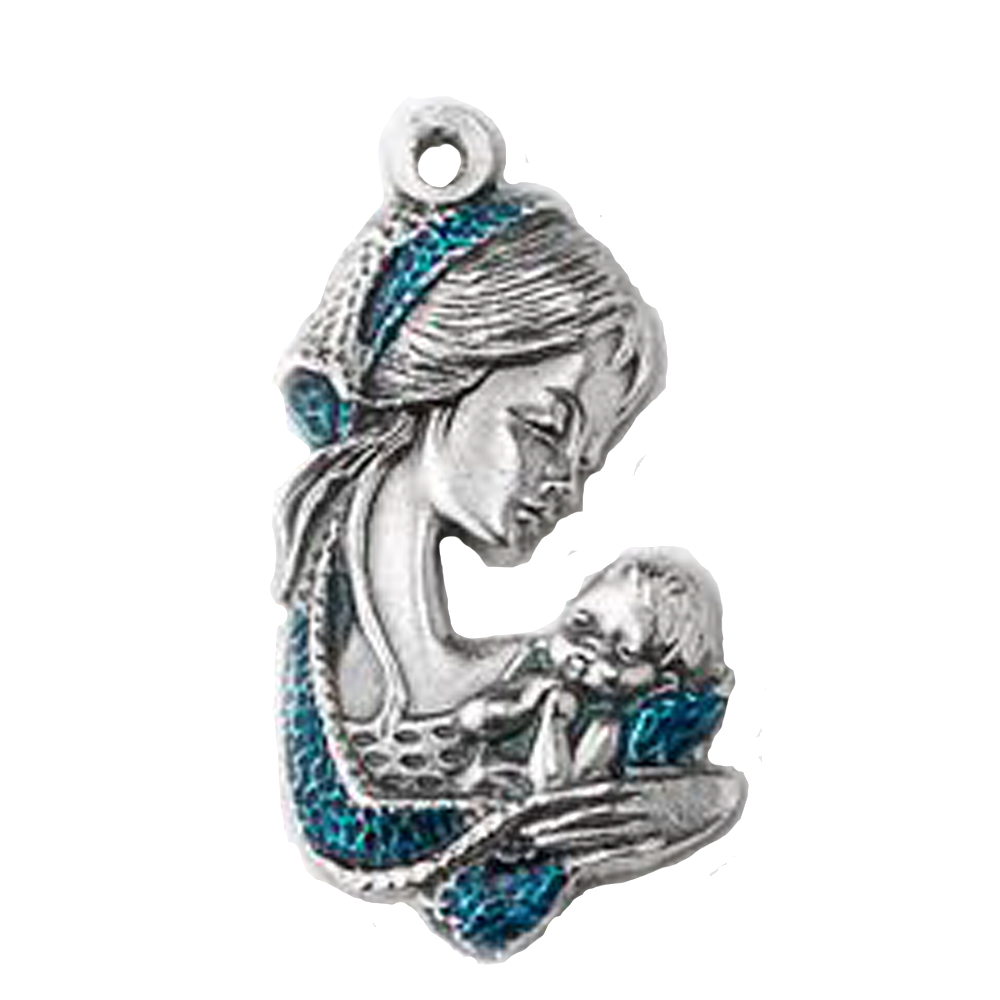 Mary with Jesus, Blue Enamel and Silver Tone Medal