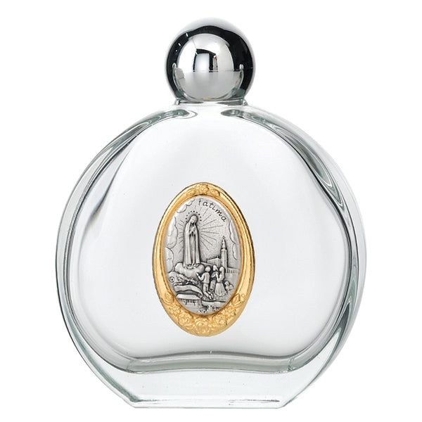 Large 4 oz Lady of Fatima Glass Holy Water Bottle with Two Tone Medal