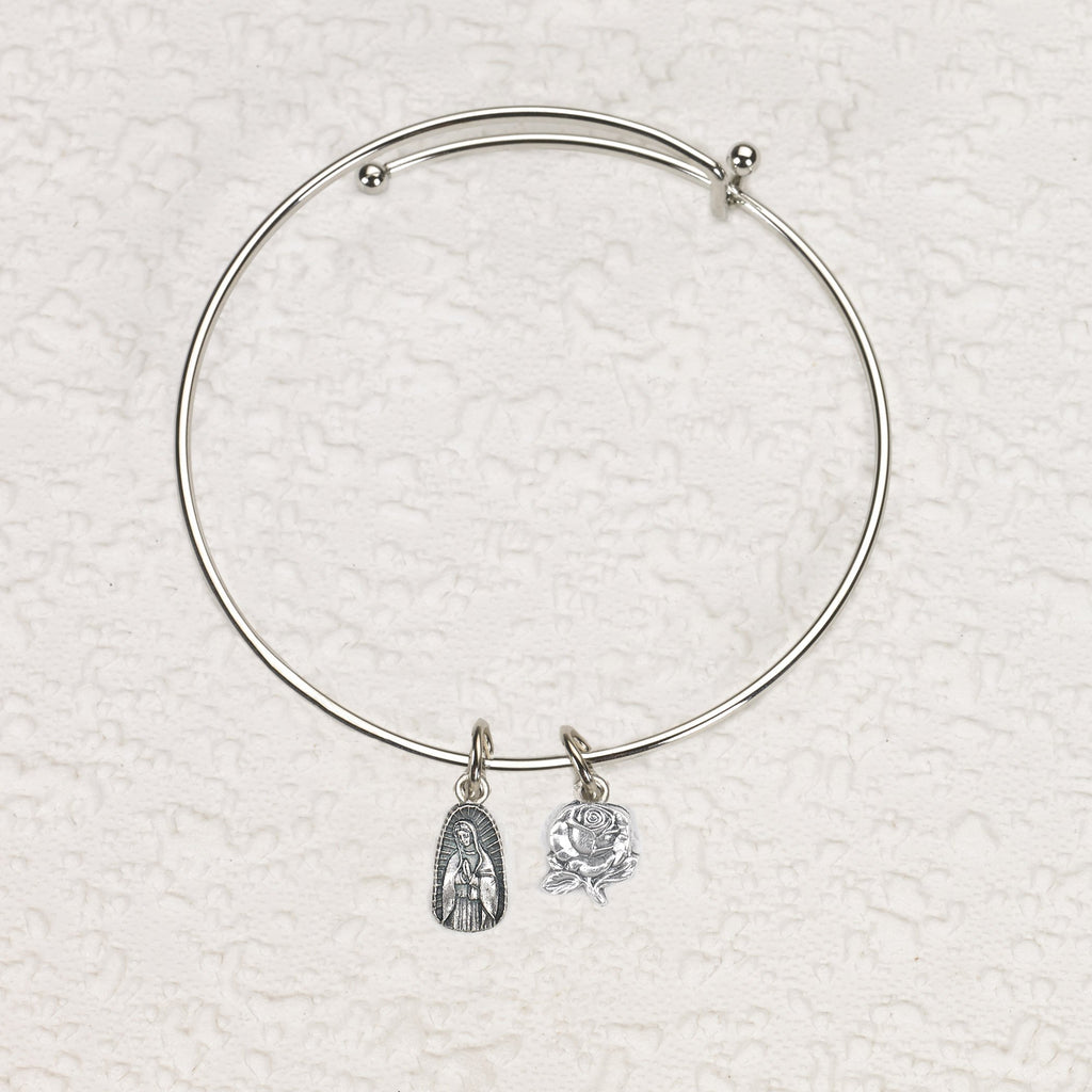 Lady of Guadalupe & Rose Charm Bangle Bracelet