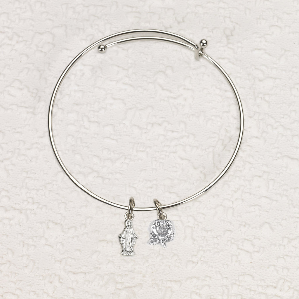 Miraculous Medal & Rose Charm Bangle Bracelet