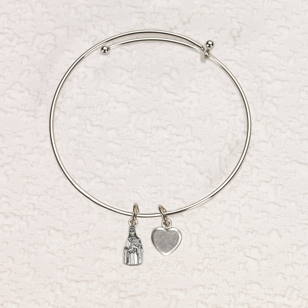 St. Therese of Lisieux & Heart Charm Bangle Bracelet