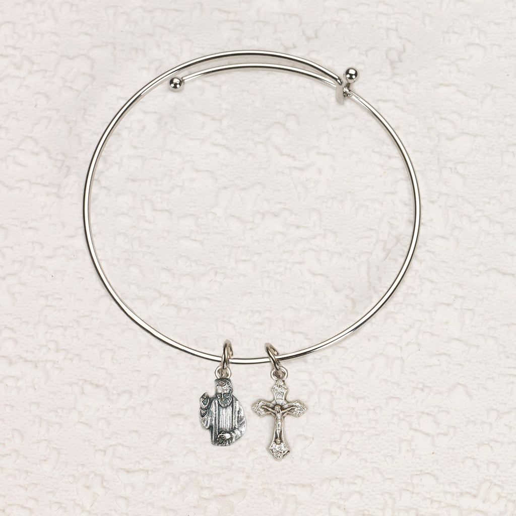 St. Pio of Pietrelcina (Padre Pio) and Crucifx Charm Bangle Bracelet