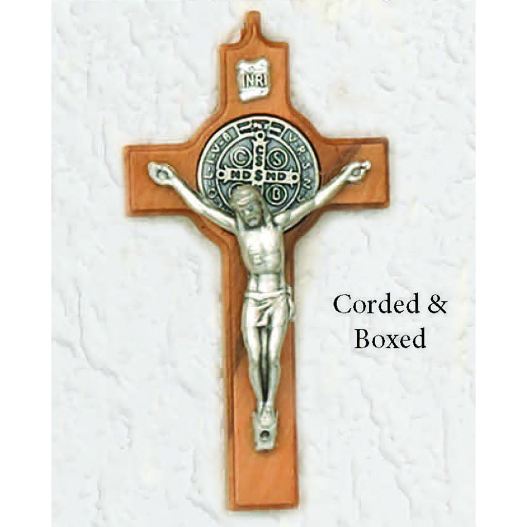 Saint Benedict Classic Wood Cross - Silver Tone Medal
