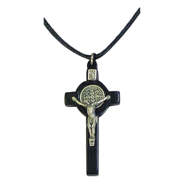 2 1/2 inch Saint Benedict Wooden Cross with Silver-tone Crucifix and Black Cord