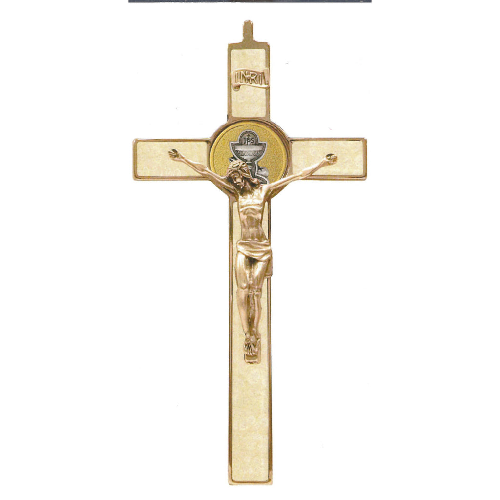 8 Inch Premium Gold Tone Imitation Mother Of Pearl First Communion Wall Cross With Corpus