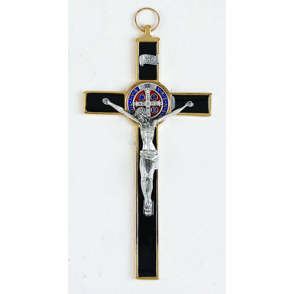 8 Inch Black / Gold Enamel Saint Benedict Cross with Enamel Medal