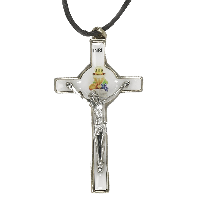 3 Inch First Communion White Epoxy Chalice Cross With Cord Boxed