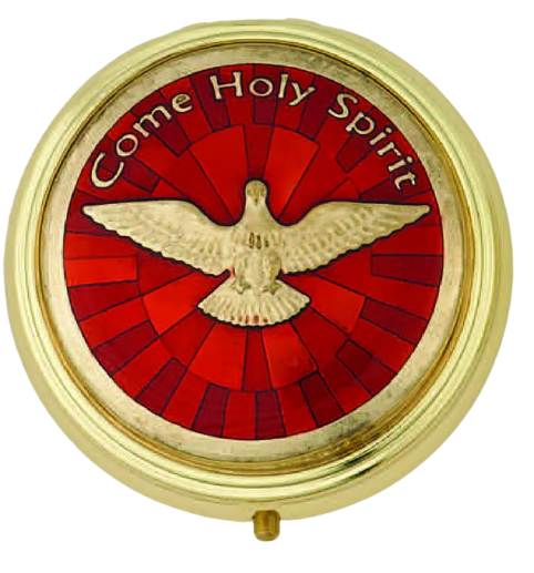 Red Enamel with Gold Toned Holy Spirit Pyx. Approx. 2-1/4 inch. Made in Italy. Boxed