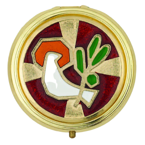 Red Enameled with White Holy Spirit Pyx. Approx. 2-1/4 inch. Made in Italy. Boxed